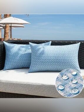 Outdoor Lumbar Pillow Covers Waterproof Rectangular 12x20” (2-Pack) LIGHT BLUE
